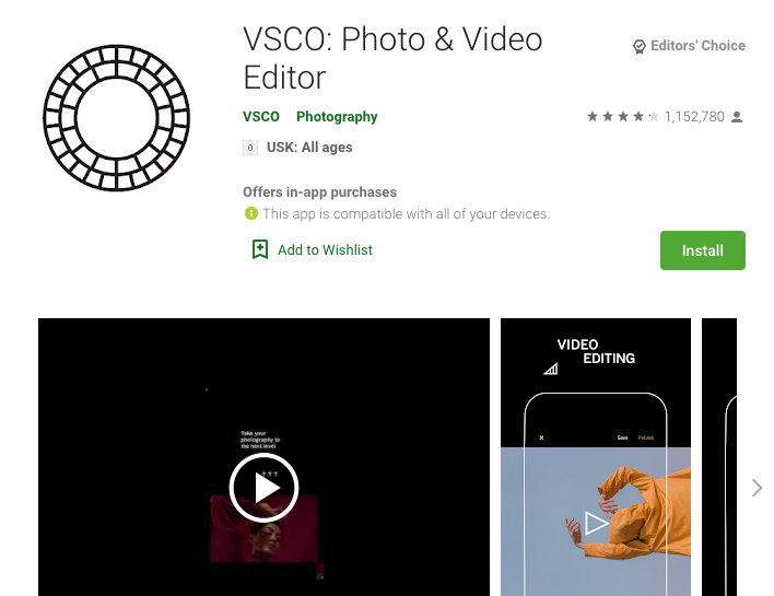 The VSCO Photo and Video Editing App in the Play Store