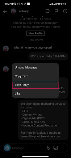 predefine replies in Instagram direct messages